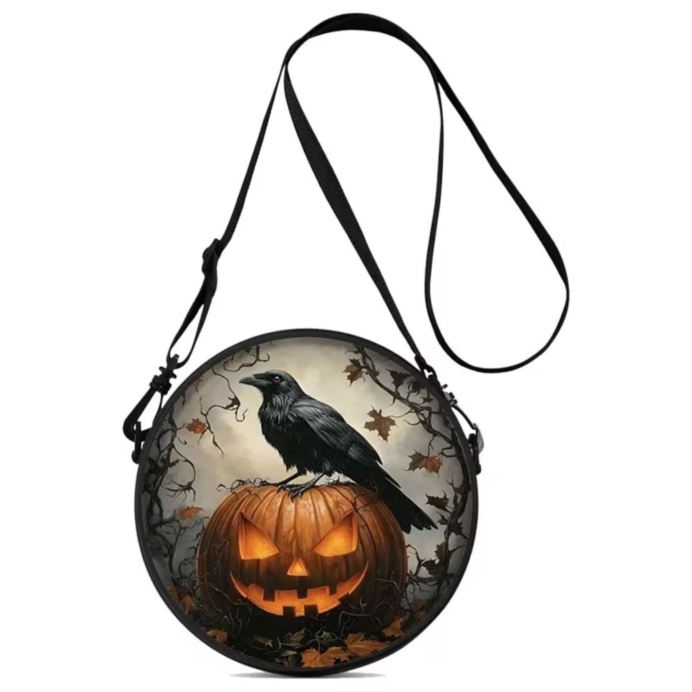 Halloween Raven Pumpkin Round Crossbody Backpack Purse Convertible 9" Gothic
